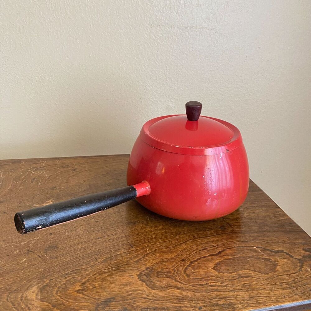 Vintage Red Fondue Pot Wooden Distressed Handle Replacement Retro 70s